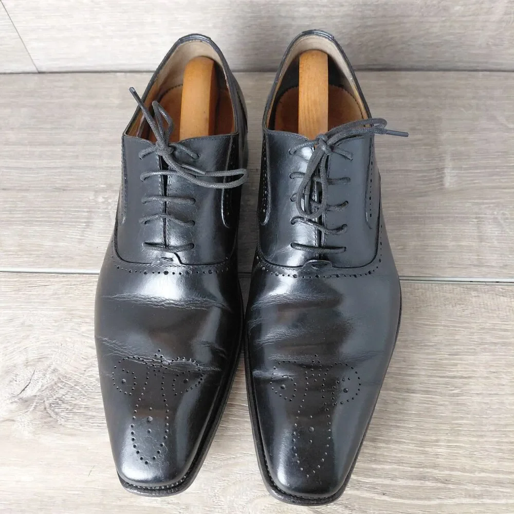 HERMES Paris Mens Black Leather Brogue Oxford Square Toe Dress Shoes Size 9